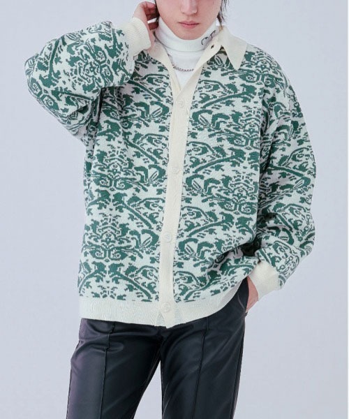 Ellno Loset（エルノロゼット）の「ダマスクポロニットカーディガン（カーディガン/ボレロ・メンズ・オフホワイト/ブラック・LARGE/MEDIUM）」の3枚目の写真