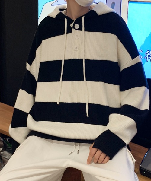 ARULE（アルール）の「A'GEM/9 × .kom『ARULE/アルール』ボーダーフーディーニット（パーカー・メンズ・ブラック/ホワイト・FREE）」の5枚目の写真