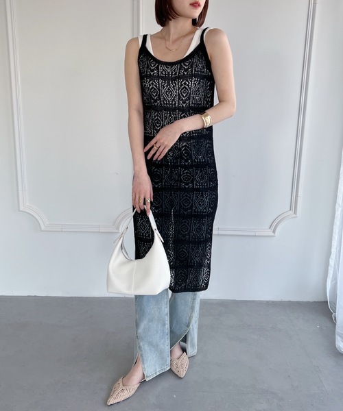 クロシェ メッシュ キャミソール ロング ワンピース HR3975 クロシェ編み キャミソール ワンピース ロング メッシュ hr3975