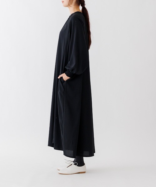 美品 vintage シャツワンピース ボリューム袖 古着 ブラック ブルー セール】サイド切り替えシャツワンピース（シャツワンピース