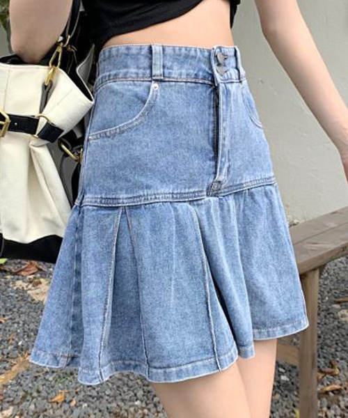 DAY CLOSET（デイ クローゼット）の「レディース デニムミニプリーツスカート[大きいサイズあり]（デニムスカート・レディース・ブルー・S/M/L/XL）」の5枚目の写真