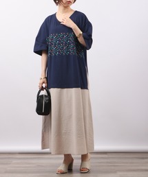 EMAGO 花刺繍ドッキング半袖ワンピース