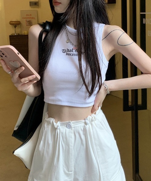 gossip!ロサンゼルス(ゴシップロサンゼルス)の「YUGA ワンポイント ショートタンクトップ(Tシャツ/カットソー・レディース・グリーン/ブラック/グレー/ホワイト・FREE)」の10枚目の写真