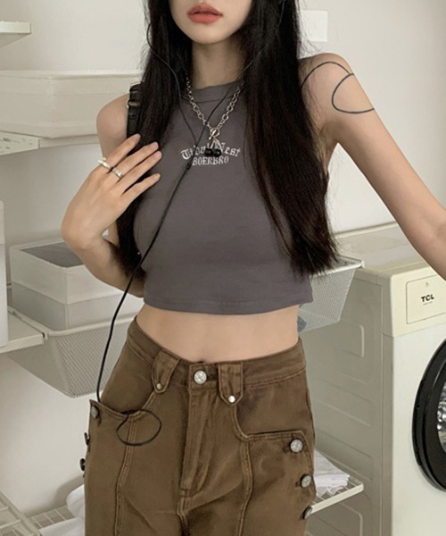 gossip!ロサンゼルス(ゴシップロサンゼルス)の「YUGA ワンポイント ショートタンクトップ(Tシャツ/カットソー・レディース・グリーン/ブラック/グレー/ホワイト・FREE)」の13枚目の写真