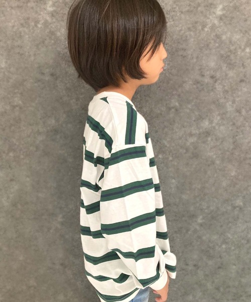THE CASUAL（カジュアル）の「先染めボーダー　オーバーサイズ　ボーダー　長袖Tシャツ（Tシャツ/カットソー・キッズ・チャコール/ベージュ/ネイビー/オフホワイト/ダークグリーン/ブラック/ブラック系/ホワイト系/ベージュ系/ダークグリーン系/グレー系/パープル系・120cm/130cm/140cm/150cm/160cm/110cm）」の13枚目の写真