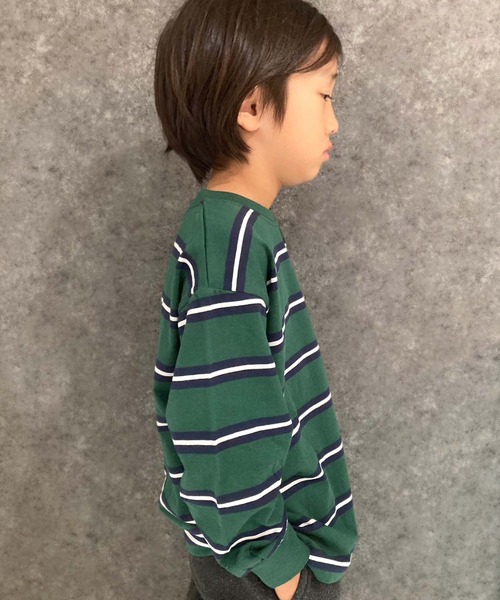 THE CASUAL（カジュアル）の「先染めボーダー　オーバーサイズ　ボーダー　長袖Tシャツ（Tシャツ/カットソー・キッズ・チャコール/ベージュ/ネイビー/オフホワイト/ダークグリーン/ブラック/ブラック系/ホワイト系/ベージュ系/ダークグリーン系/グレー系/パープル系・120cm/130cm/140cm/150cm/160cm/110cm）」の16枚目の写真