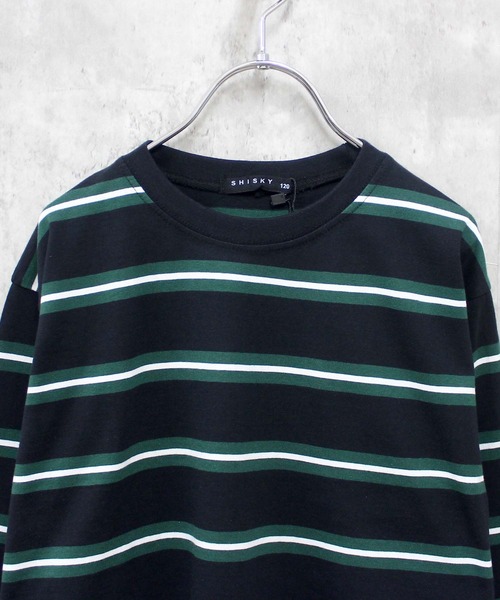 THE CASUAL（カジュアル）の「先染めボーダー　オーバーサイズ　ボーダー　長袖Tシャツ（Tシャツ/カットソー・キッズ・チャコール/ベージュ/ネイビー/オフホワイト/ダークグリーン/ブラック/ブラック系/ホワイト系/ベージュ系/ダークグリーン系/グレー系/パープル系・120cm/130cm/140cm/150cm/160cm/110cm）」の21枚目の写真