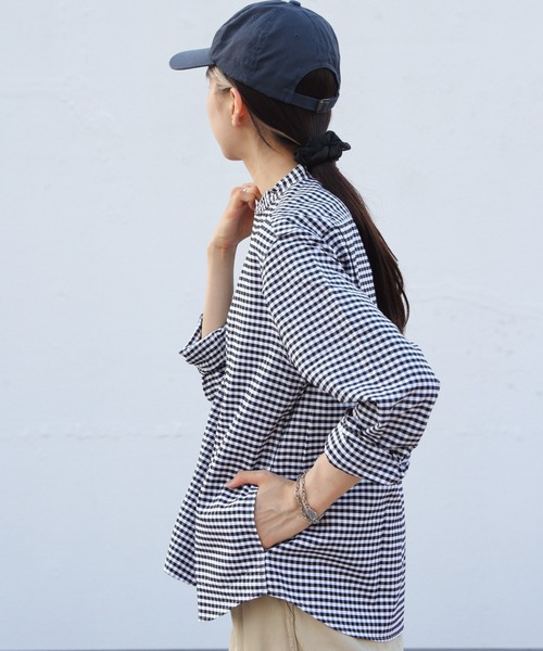 DANTON（ダントン）の「DANTON/ダントン　バンドカラーシャツロングスリーブ　チェック＆ストライプ　BAND COLLAR SHIRT LONGSLEEVE CHECK＆STRIPE（ウィメンズ）　DT-B0279 OXP（シャツ/ブラウス・レディース・サックスブルー/ブラック/ブラック系その他2/オリーブ・38/36）」の13枚目の写真