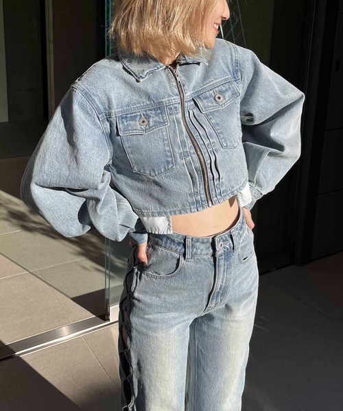 SPIRALGIRL（スパイラルガール）の「フロントプリーツZIPデニムショートジャケット（デニムジャケット・レディース・ブラック/ブルー・FREE）」の7枚目の写真