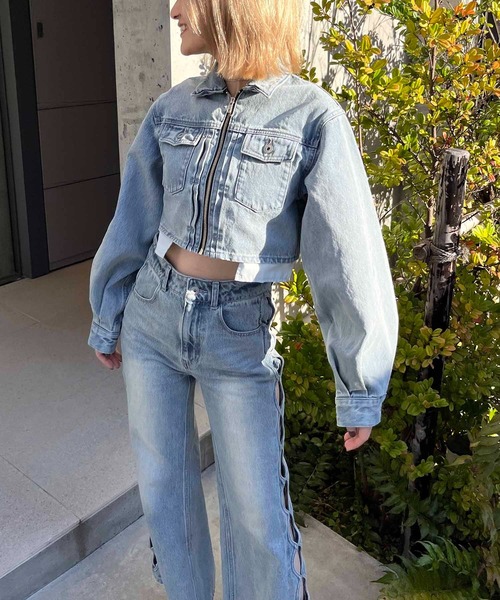 SPIRALGIRL（スパイラルガール）の「フロントプリーツZIPデニムショートジャケット（デニムジャケット・レディース・ブラック/ブルー・FREE）」の8枚目の写真