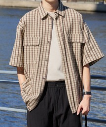 HECT（ヘクト）の「【HECT】Big W-pocket Draw Cord Seersucker Check S/S Shirt / ビッグシルエット ダブルポケット ドローコード シアサッカー半袖チェックシャツ（シャツ/ブラウス）」