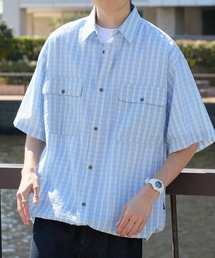 HECT（ヘクト）の「【HECT】Big W-pocket Draw Cord Seersucker Check S S Shirt   ビッグシルエット ダブルポケット ドローコード シアサッカー半袖チェックシャツ（シャツ/ブラウス）」