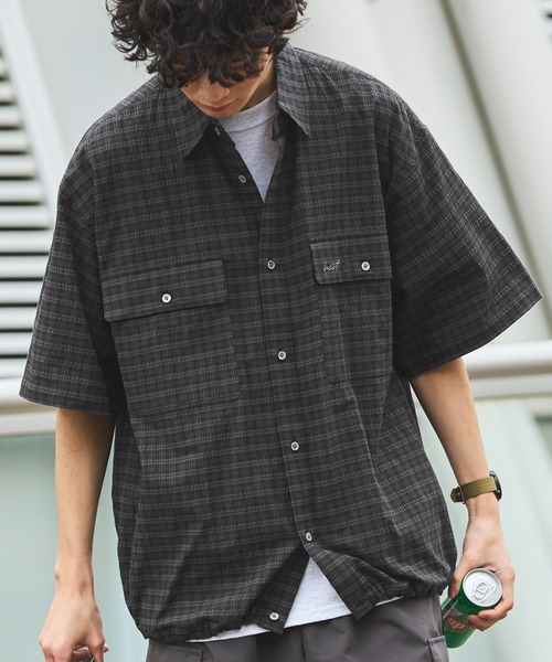 HECT】Big W-pocket Draw Cord Seersucker Check S/S Shirt / ビッグ