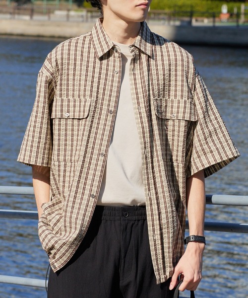 HECT】Big W-pocket Draw Cord Seersucker Check S/S Shirt / ビッグ