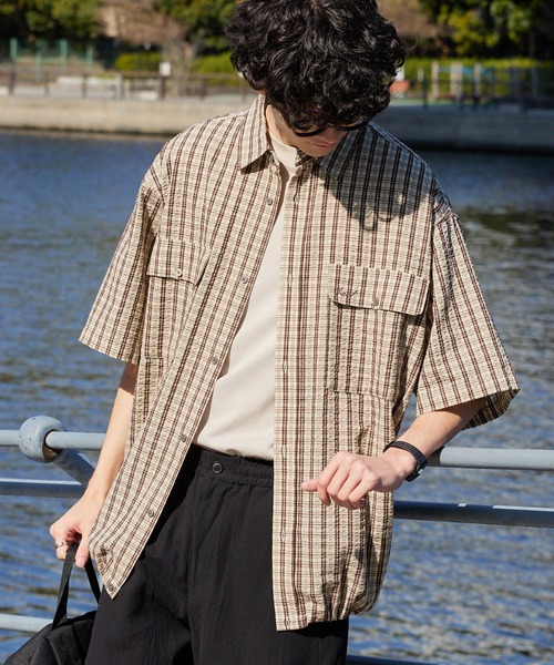 HECT】Big W-pocket Draw Cord Seersucker Check S/S Shirt / ビッグ
