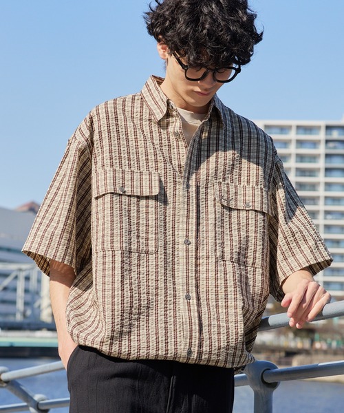 HECT】Big W-pocket Draw Cord Seersucker Check S/S Shirt / ビッグ