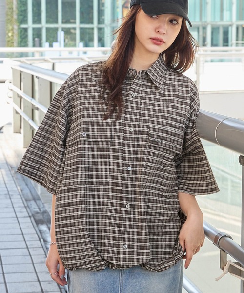HECT】Big W-pocket Draw Cord Seersucker Check S/S Shirt / ビッグ HECT】Big W-pocket Draw Cord Seersucker Check S/S Shirt / ビッグ