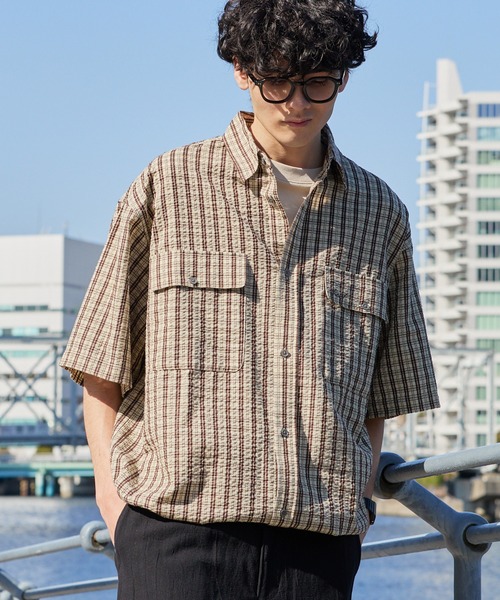 HECT】Big W-pocket Draw Cord Seersucker Check S/S Shirt / ビッグ