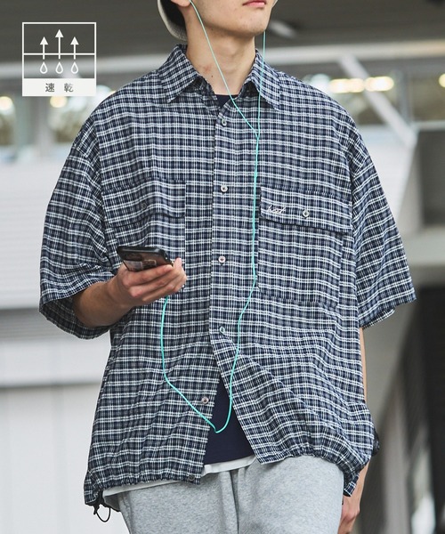 HECT】Big W-pocket Draw Cord Seersucker Check S/S Shirt / ビッグ