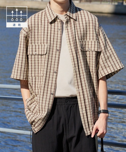 HECT】Big W-pocket Draw Cord Seersucker Check S/S Shirt / ビッグ