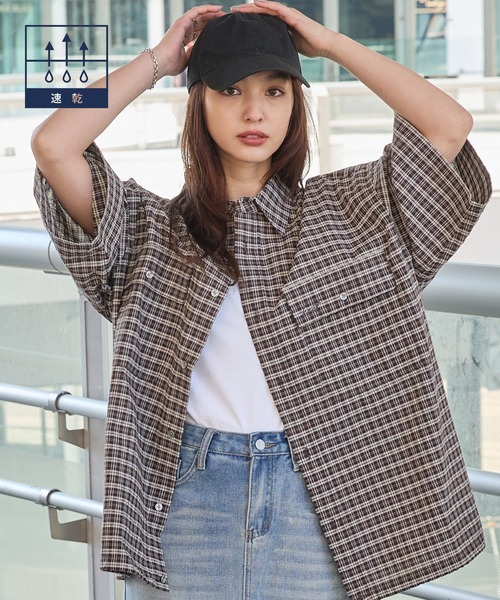 HECT】Big W-pocket Draw Cord Seersucker Check S/S Shirt / ビッグ