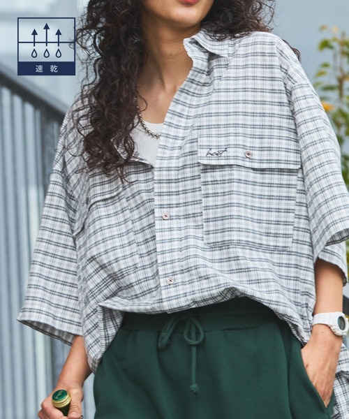 HECT】Big W-pocket Draw Cord Seersucker Check S/S Shirt / ビッグ