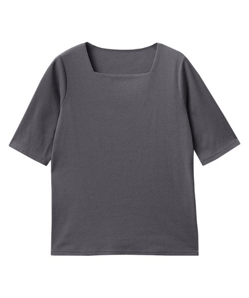 セール】スクエアネック5分袖テレコリブカットソー（Tシャツ