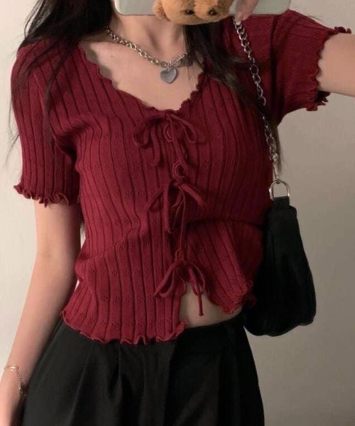 LADY LIKE（レディライク）の「フロントリボンメロー半袖トップス（ニット/セーター・レディース・ピンク/ホワイト/イエロー/ブラック/レッド・M）」の5枚目の写真