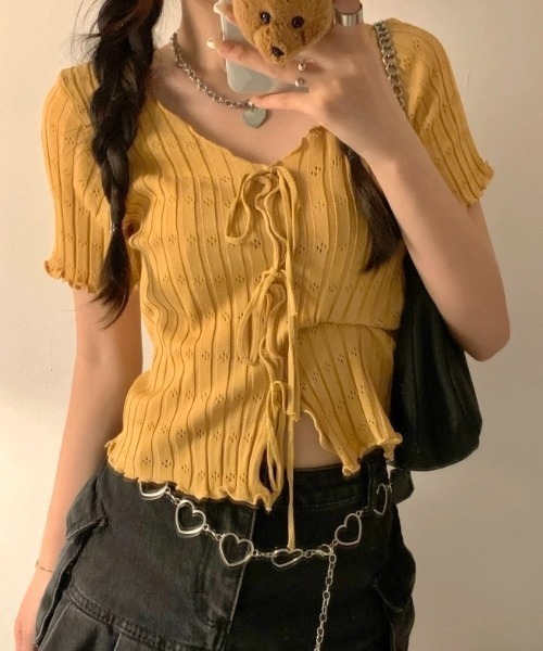 セール】フロントリボンメロー半袖トップス（ニット/セーター）｜LADY