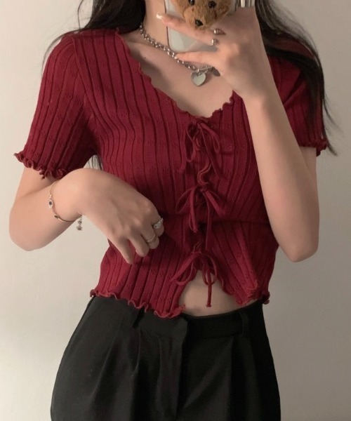 Rene◆半袖トップス/アセテート/RED/フロント下引っ掛け有り セール】フロントリボンメロー半袖トップス（ニット/セーター
