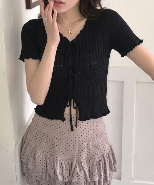 LADY LIKE（レディライク）の「フロントリボンメロー半袖トップス（ニット/セーター・レディース・ピンク/ホワイト/イエロー/ブラック/レッド・M）」の7枚目の写真