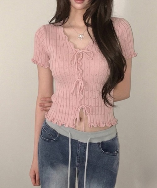 LADY LIKE（レディライク）の「フロントリボンメロー半袖トップス（ニット/セーター・レディース・ピンク/ホワイト/イエロー/ブラック/レッド・M）」の8枚目の写真