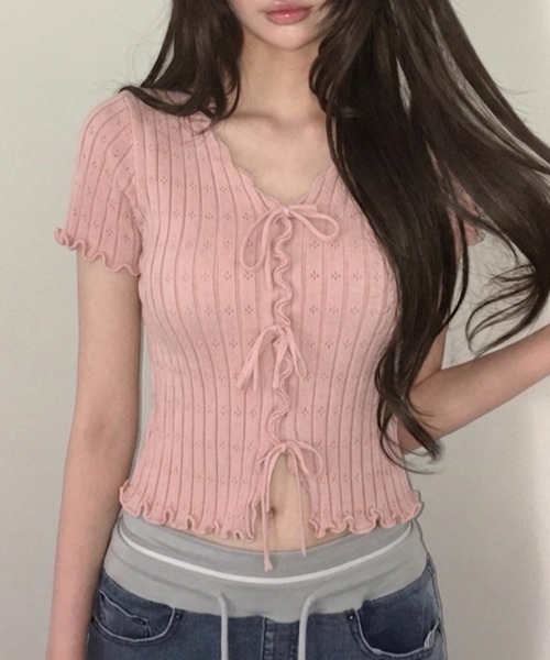 LADY LIKE（レディライク）の「フロントリボンメロー半袖トップス（ニット/セーター・レディース・ピンク/ホワイト/イエロー/ブラック/レッド・M）」の9枚目の写真