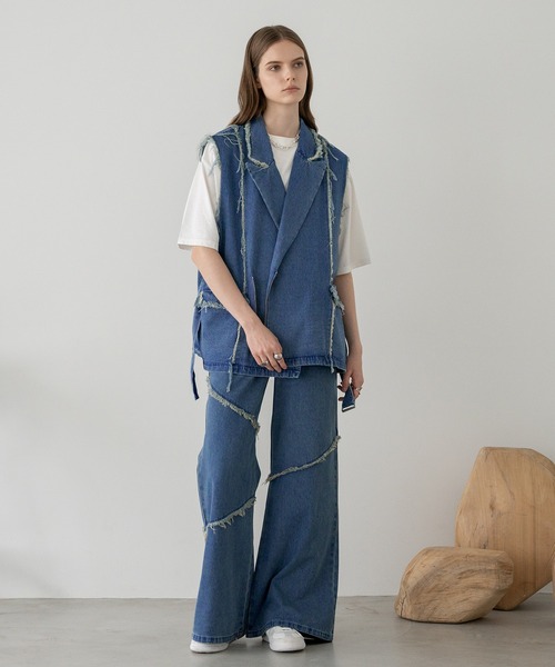 フリンジデニムダブルジレベスト selle glant selle glant ベスト ジレ FRINGE DENIM DOUBLE GILET VEST