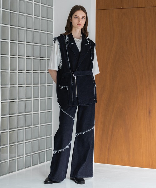 セール】FRINGE DENIM DOUBLE GILET VEST/フリンジデニムダブル