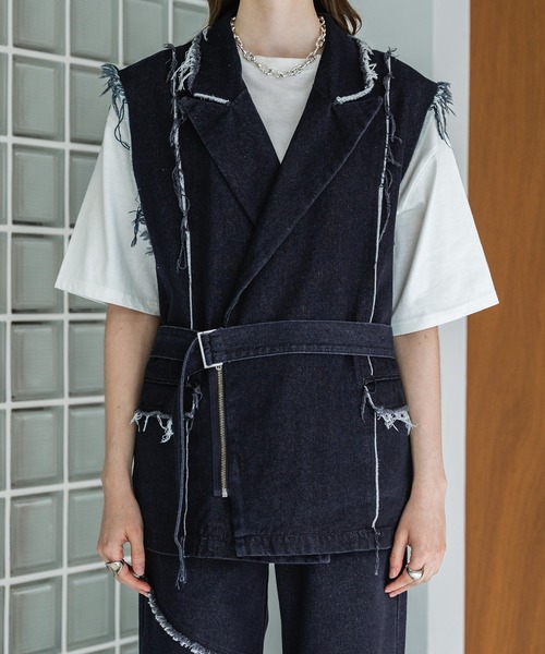セール】FRINGE DENIM DOUBLE GILET VEST/フリンジデニムダブル