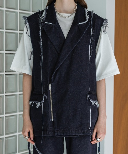 セール】FRINGE DENIM DOUBLE GILET VEST/フリンジデニムダブル