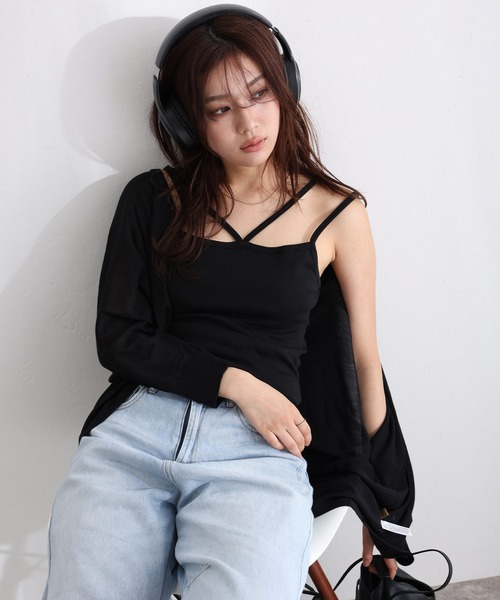 ElegChic(エレグシック)の「フライスフロント紐キャミソール(キャミソール・レディース・カーキ/オフホワイト/ブラック/チャコールグレー/杢グレー/グレイッシュベージュ・3L/4L/M/L/XL)」の3枚目の写真