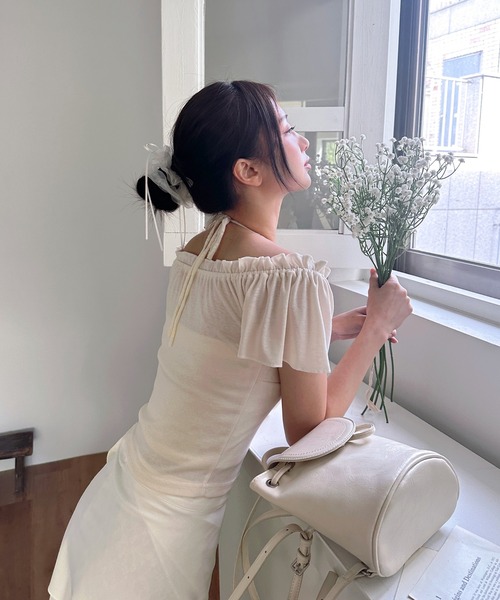 by muni:r(バイ ムニール)の「リボンフリルパフクロップドTシャツ(Tシャツ/カットソー・レディース・クリーム/ブラック・FREE)」の5枚目の写真