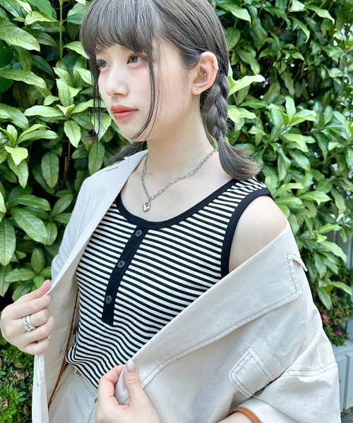 DOUBLE NAME(ダブルネーム)の「前後2WAYラメボーダータンクトップ(タンクトップ・レディース・ピンク/パープル/ブルー/カーキ/ブラック・FREE)」の1枚目の写真