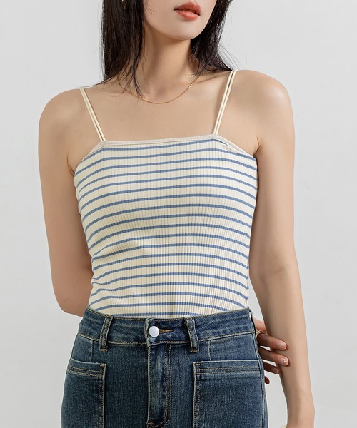 DAY CLOSET(デイ クローゼット)の「レディース ダブルストラップリブキャミソール(キャミソール・レディース・ブラック/ホワイト×ブルー/ホワイト×ブラック/ピンク系その他・FREE)」の1枚目の写真
