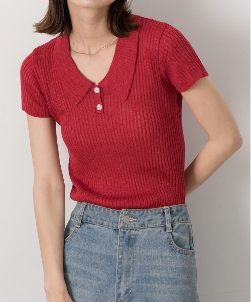 ad thie(アドティエ)の「サマーニット ハーフスリーブポロシャツ(Tシャツ/カットソー・レディース・レッド/オフホワイト/ライトブルー/ブラック・FREE)」の4枚目の写真