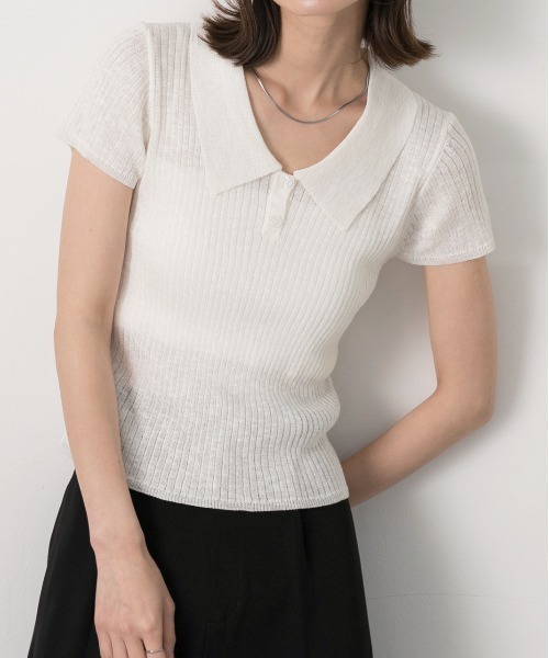 ad thie(アドティエ)の「サマーニット ハーフスリーブポロシャツ(Tシャツ/カットソー・レディース・レッド/オフホワイト/ライトブルー/ブラック・FREE)」の2枚目の写真