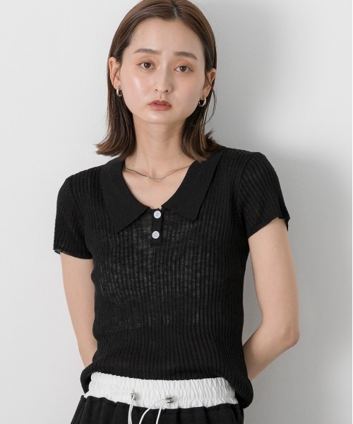 ad thie(アドティエ)の「サマーニット ハーフスリーブポロシャツ(Tシャツ/カットソー・レディース・レッド/オフホワイト/ライトブルー/ブラック・FREE)」の3枚目の写真