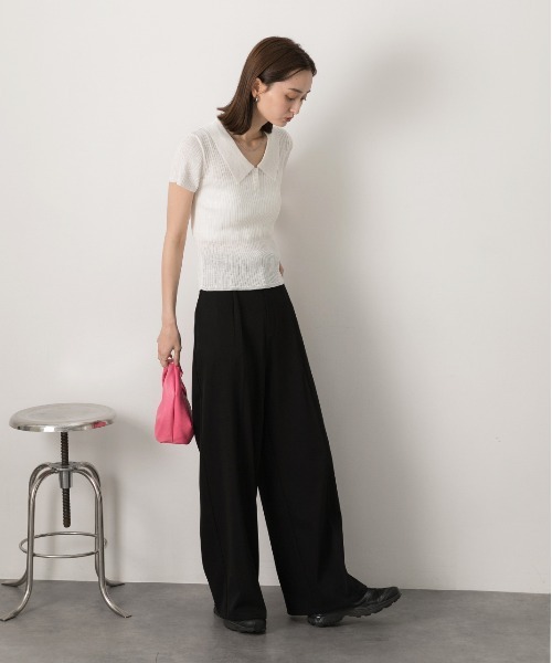 ad thie(アドティエ)の「サマーニット ハーフスリーブポロシャツ(Tシャツ/カットソー・レディース・レッド/オフホワイト/ライトブルー/ブラック・FREE)」の6枚目の写真