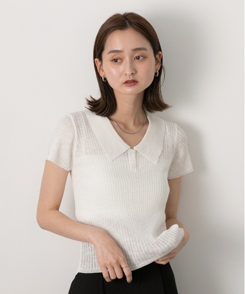 ad thie(アドティエ)の「サマーニット ハーフスリーブポロシャツ(Tシャツ/カットソー・レディース・レッド/オフホワイト/ライトブルー/ブラック・FREE)」の7枚目の写真