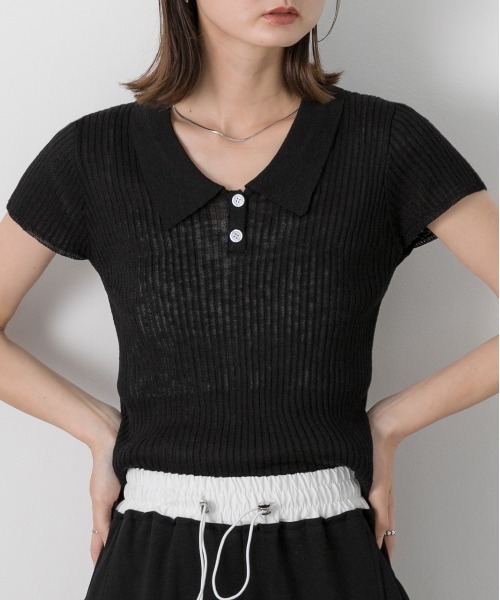 ad thie(アドティエ)の「サマーニット ハーフスリーブポロシャツ(Tシャツ/カットソー・レディース・レッド/オフホワイト/ライトブルー/ブラック・FREE)」の14枚目の写真