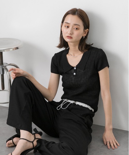 ad thie(アドティエ)の「サマーニット ハーフスリーブポロシャツ(Tシャツ/カットソー・レディース・レッド/オフホワイト/ライトブルー/ブラック・FREE)」の15枚目の写真