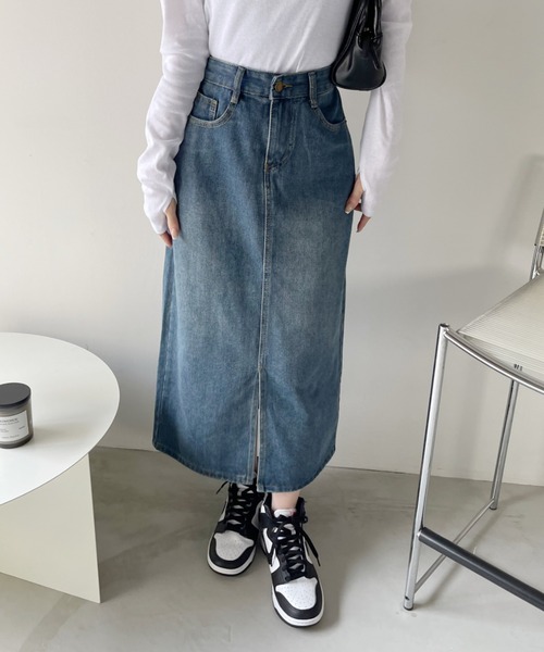 【MM】ミディロック フロント スリット スカート☆SALE中 セール】フロントスリット ミディ丈 デニムスカート(デニム