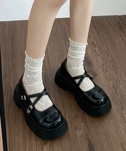 セール】ダブルクロスベルト パンプス 厚底シューズ（パンプス